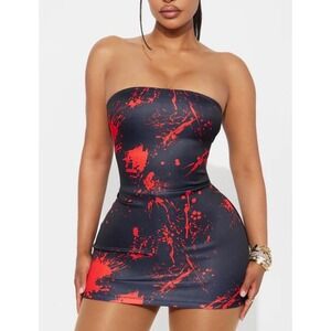 Fashion Nova Black Red Paint Splatter Tube Bodycon Mini Dress Womens Size Small